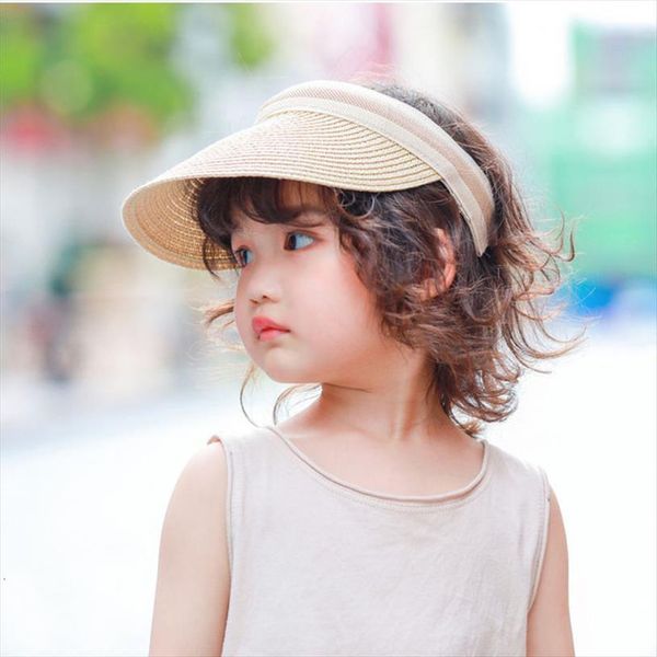 

fashion childrens summer hat empty sun visor wide brim girl travel beach hats kid protection caps straw, Blue;gray