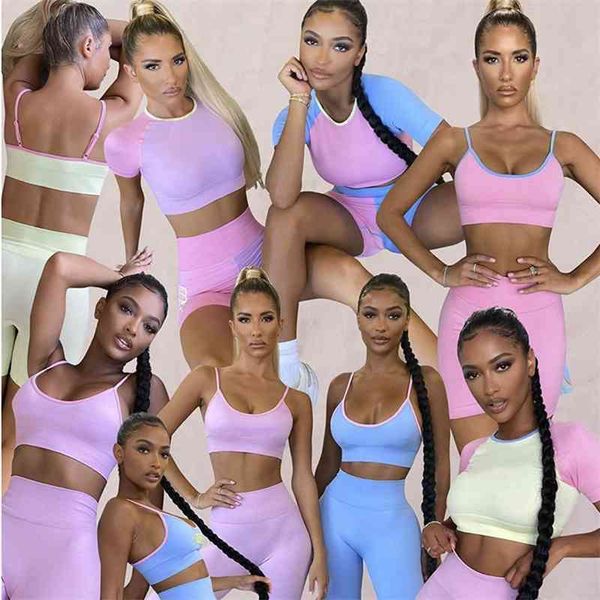 

2021 new bt fashion color splicing sports bra short sleeve shorts pants four piece set, Gray