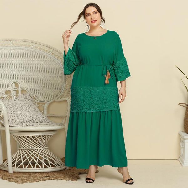 

casual dresses plus size lace splicing women dress elegant flare sleeve dark green birthday party 2021 summer clothing, Black;gray