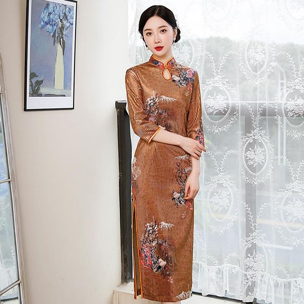 

ethnic clothing vintage women cheongsam exquisite evening party qipao warm autumn winter vestidos elegant plus size long sleeve robe go, Red