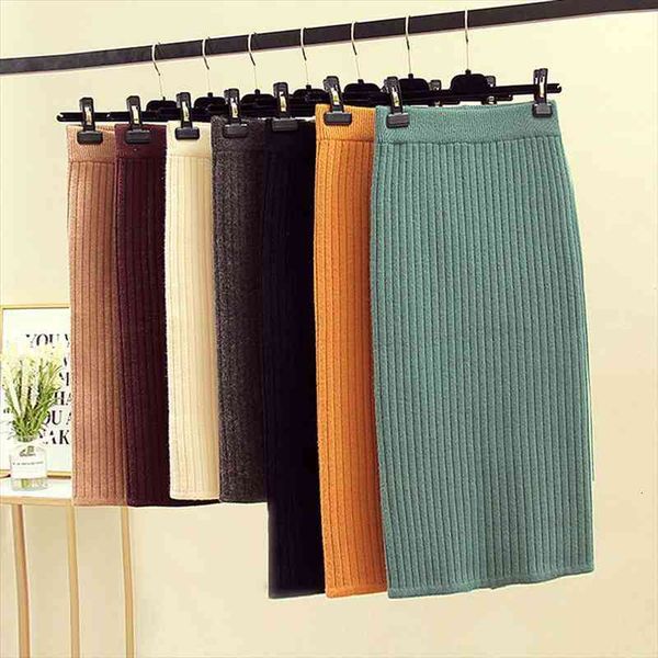 

knitted slim solid elastic womens skirts band high waist midi pencil bodycon women long jupe faldas, Black
