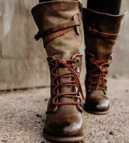 

boots vintage women shoes winter autumn pu leather lace up mid calf ladies buckle strap zip platform riding zapatos mujer, Black