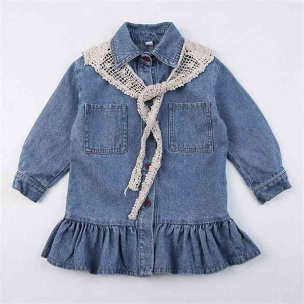 Meninas Denim Vestido Outono Kids Korean Lace Shawl Princesa Europeia Americana bebê para 1-6Y 210625