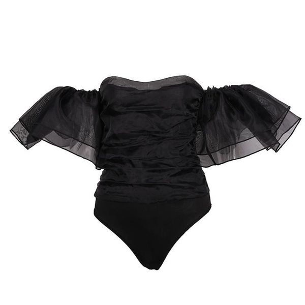 

women's jumpsuits & rompers women clothes off shoulder mesh sleeveless leotard bodysuit short sleeve tulle polyester jumpsuit one piece, Black;white