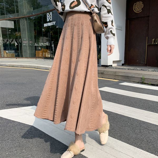 

women's knitted-length meads female autumn and winter high-waist nightgown jacquard a-lline umbrella wool temperament long y760 skirt l, Black
