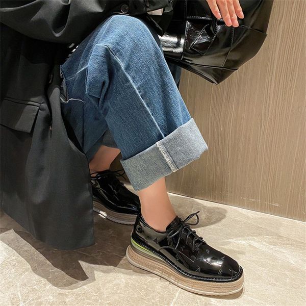 

female patent bombs embroidered sandals pink toe round foot platform feminine retro-british shoes woven j33c, Black