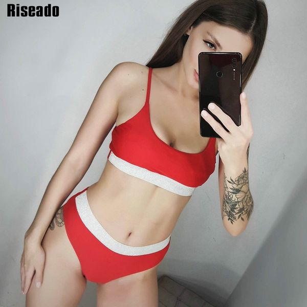 

riseado shiny bikini set 2021 push up swimwears women high waisted swimsuits solid biquini strap beachwear brazilian bikinis 210318, White;black
