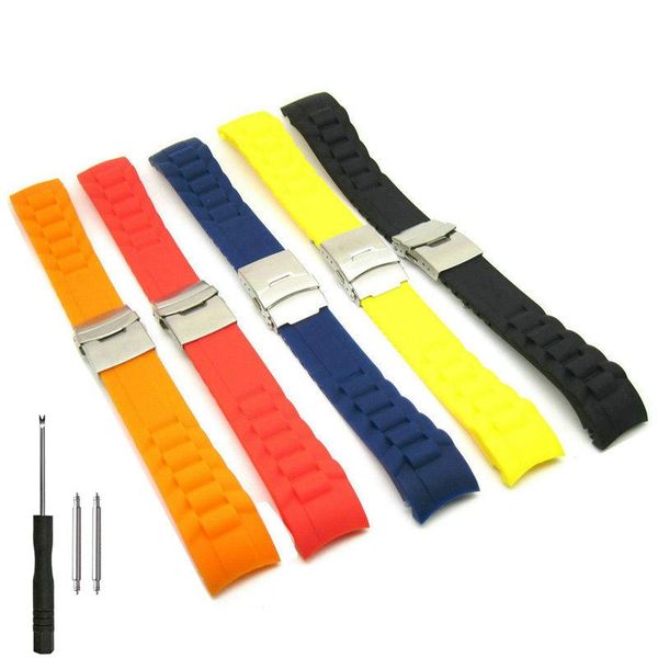 

watch bands 18mm 20mm 22mm 24mm deployment clasp silicone rubber band curved end soft strap black white red orange yellow blue, Black;brown