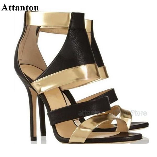 

dress shoes mixed color gold black ankle strap hollow out high heel sandals open toe woman golden metal decoration party