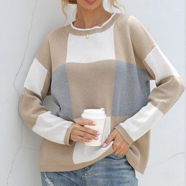 

women's sweaters women plaid knitting sweater ladies fashion color block long sleeve knit loose pullover female autumn winter, White;black