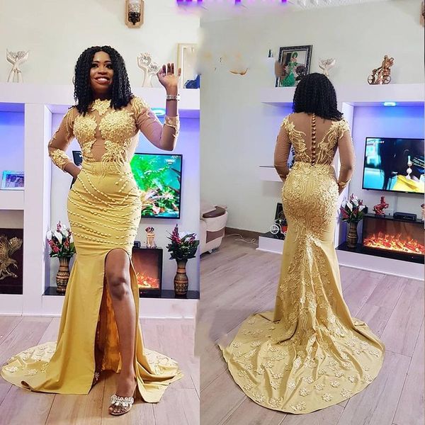

gold mermaid evening dresses side slit 3/4 sleeve lace appliques button floor length party prom gowns satin sweep train 2021, White;black