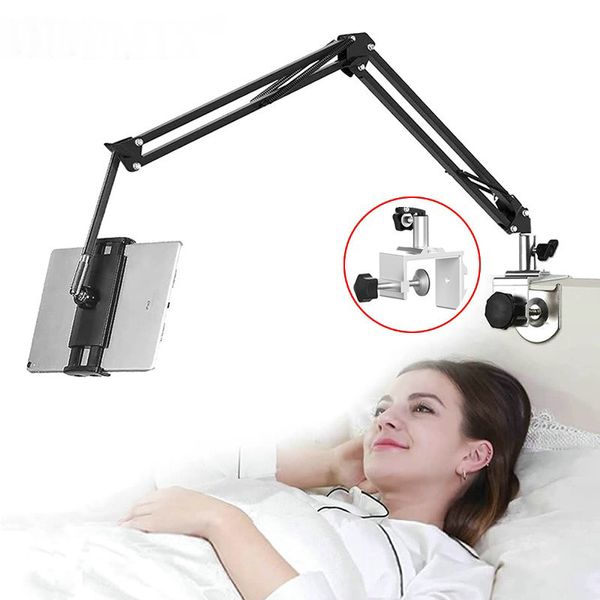 Supporto per tablet con braccio regolabile Supporto per montaggio su tavolo da letto Supporto per telefono cellulare con rotazione a 360 gradi per iPhone iPad Air Mini Pro 4-13 pollici