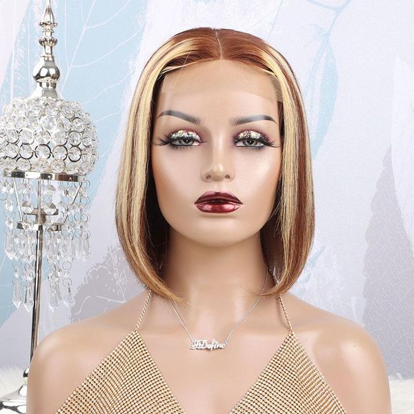 

honey blonde highlight wig straight human hair wigs for women 4x4 closure bob pre plucked brazilian lace wigs1, Black;brown