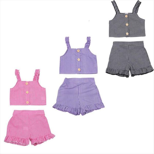 

summer toddler kids girls clothes sets plaid print ruffles sleeveless single breasted vest shorts 2pcs, White