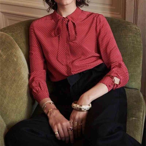 

shirt 2021 early spring elegant red dot streamers heavy sand washed silk opn8, White