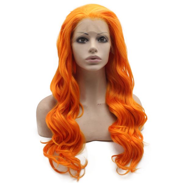 

s07 24" long orange wavy wig heat resistant synthetic hair lace front wig, Black