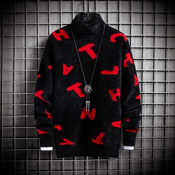 

men's sweaters fashion autumn and winter thickened sweater letters small turtleneck pullover jacquard warm, White;black