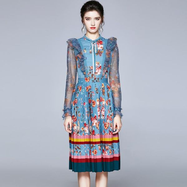 

casual dresses fashion runway designers spring autumn lace patchwork floral print vintage midi pleated dress holiday women robe femme vestid, Black;gray