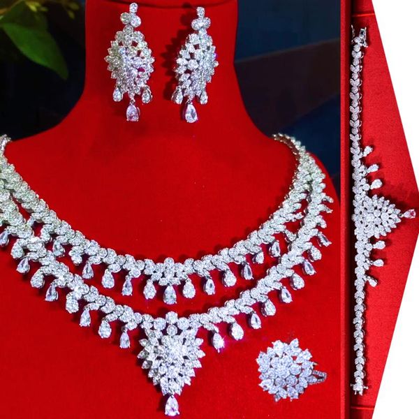 

earrings & necklace missvikki 4pcs luxury african jewelry sets for women bridal wedding party clear zircon crystal dubai, Silver