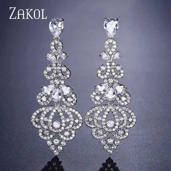

zakol vintage zirconia crystal chandelier dangle earrings for women luxury leaf bridal evening dinner wedding jewelry fsep2220, Bronze;silver