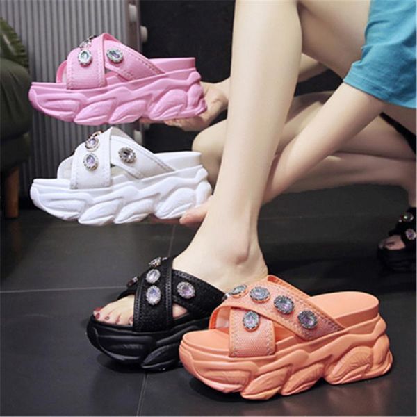 

slippers 2021 muffin female 8 cm thick soled diamond sandals slides women's summer cross strap matching platform shoes 34-39, Black
