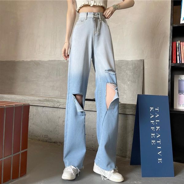 

women's jeans women light blue ripped washed retro high waist straight long loose wide leg trousers streetwear denim hole pants