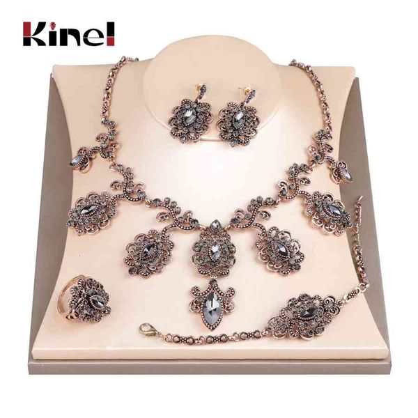 

jewelry sets kinel luxury 4pcs gray crystal flower bridal wedding antique gold color turkey earring necklace bracelet ring women, Black
