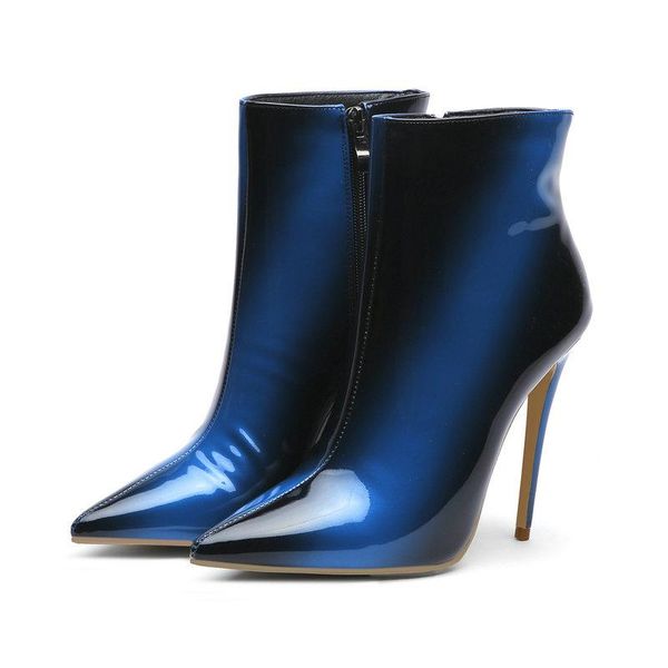 

boots autumn winter mixed colors women ankle patent leather pointed toe short fashion zipper thin high heel shoes woman, Black