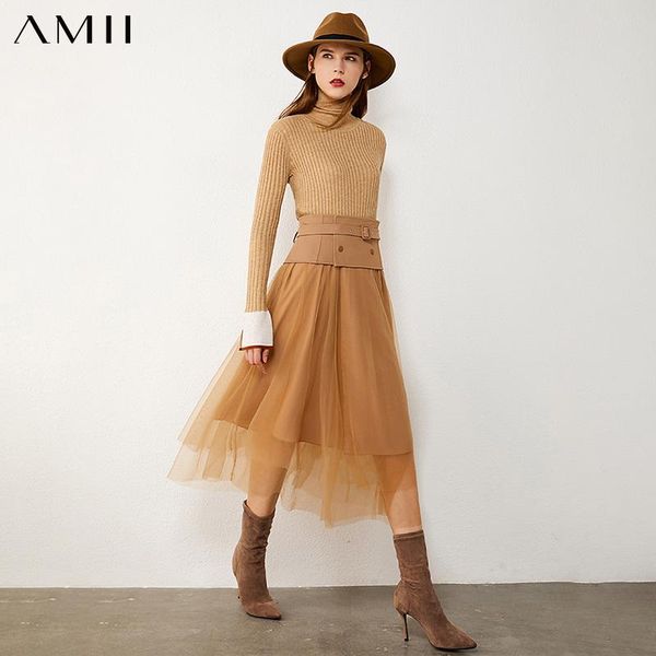 

amii minimalism autumn fashion women's skirt high waist belt lace ball gown calf-length skirts womens 12070428, Black