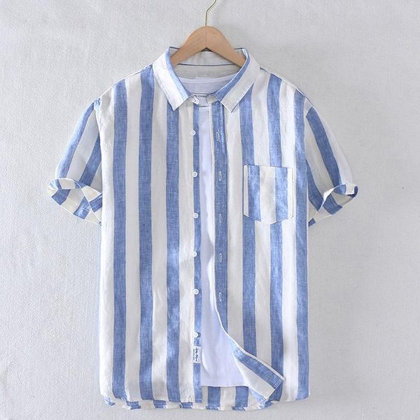 

men's casual shirts 2021 men summer 100% pure linen shirt short sleeved slim striped comfortable turn-down collar, White;black