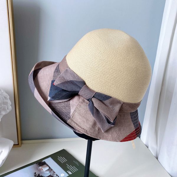 

big hat korean cloth and grass stitching fisherman's women's spring summer sun proof straw curled brim bowknot versatile basin, Blue;gray