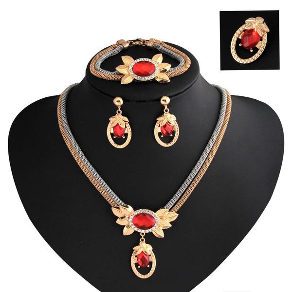

earrings & necklace fashion african bridal jewelry set for women red white gold-color crystal bracelet ring wedding gift, Silver
