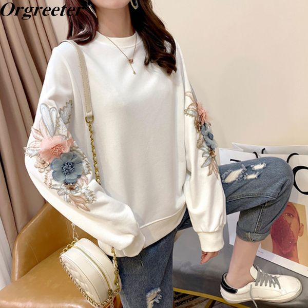 

spring fall fashion female 3d flower embroidery beaded solid color minimalist long-sleeved pullover sweatshirts 210525, Black