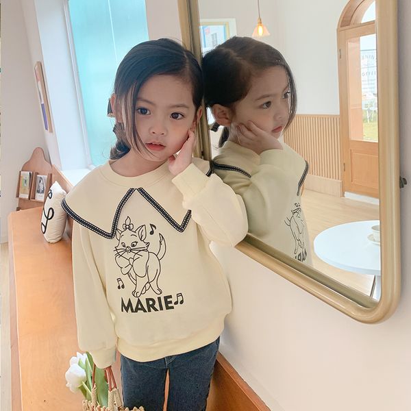 

2021 spring autumn girls beige comfortable pullover childrens cat pattern letter sweatshirt kid cotton lapel sweater, Black