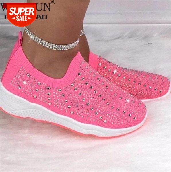 

2021 new knit mesh crystal sneakers women comfortable breathable flat shoes fashion slip on plus size casual shoes female #cq3s