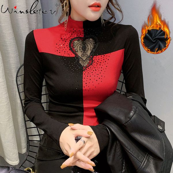 

women's t-shirt fall winter european clothes t-shirt contrast color lace diamonds women ropa mujer with fleece tees 2021, White