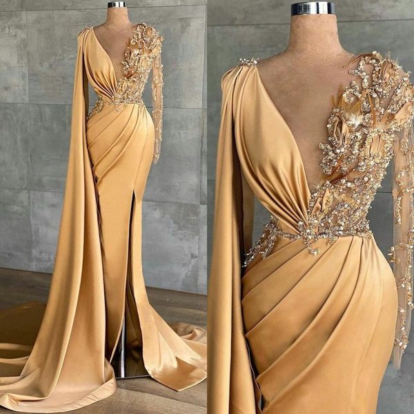 2021 Gold Satin Abendkleider für Frauen Perlen V-ausschnitt Hohe Split Meerjungfrau Prom Party Kleider Lange Wrap Formale Robe de Soiré