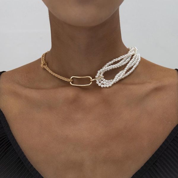 

chokers 2021 punk unique pearl multilayer clavicle chain female wedding steam gothic twisted thick necklace, Golden;silver