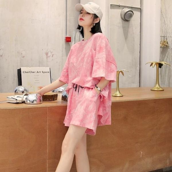 

women's t-shirt summer womens suits korean plus size loose short sleeve t-shirt pants tie-dye suit casual two piece sets harajuku, White