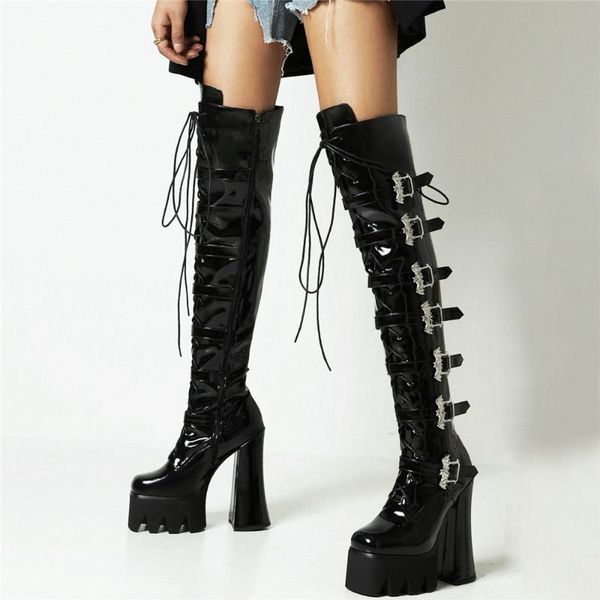 

boots thigh high pumps women lace up patent leather chunky heels motorcycle female winter round toe casual shoes chic, Black