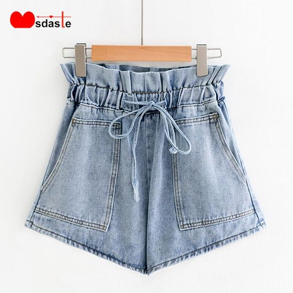 

women's shorts jeans women 2021 fashion summer autumn bow tie wide leg elastic high waist casual short femme loose woman denim, White;black