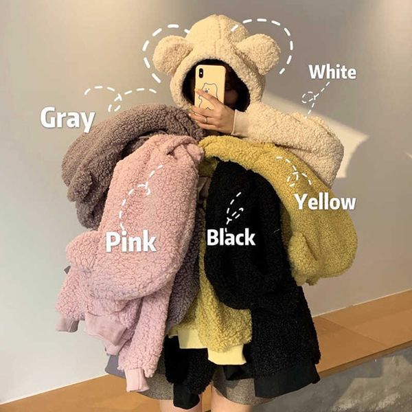 

deruilady winter warm wool bear ear hooded sweatshirt oversized hoodies women korean style students pullover hoodie plus size 210930, Black