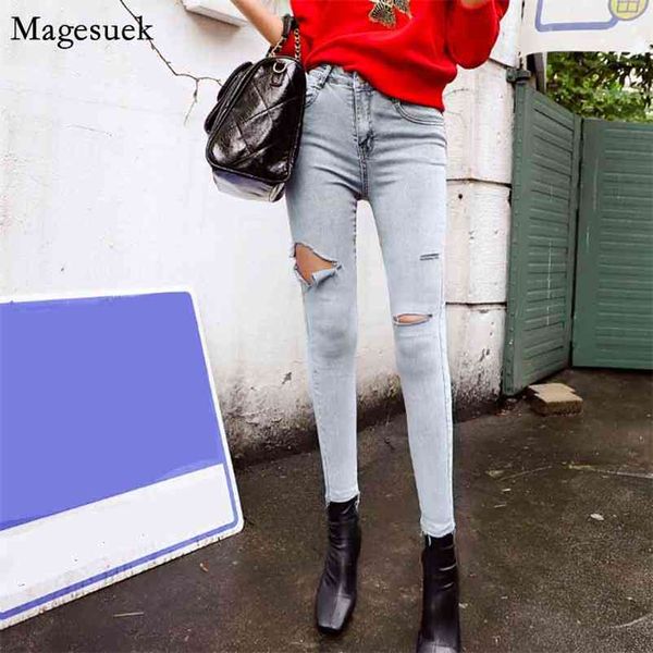 Mode Vintage dünne blaue Baumwolle koreanische schlanke coole Denim-Hose Loch zerrissene Jeans Herbst hohe Taille Frau 10416 210518