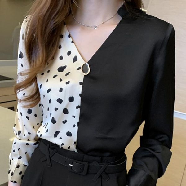 

women's blouses & shirts autumn women v-neck print chiffon blouse shirt long sleeve blusas mujer de moda 2021 femme f163, White