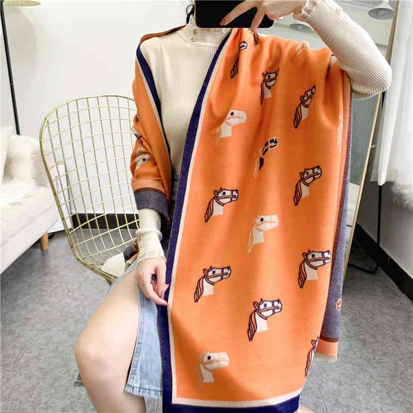 

70% off design scarf 2021 horse head women's winter fashion shawl long style with imitation cashmere thickened warm bib, Blue;gray