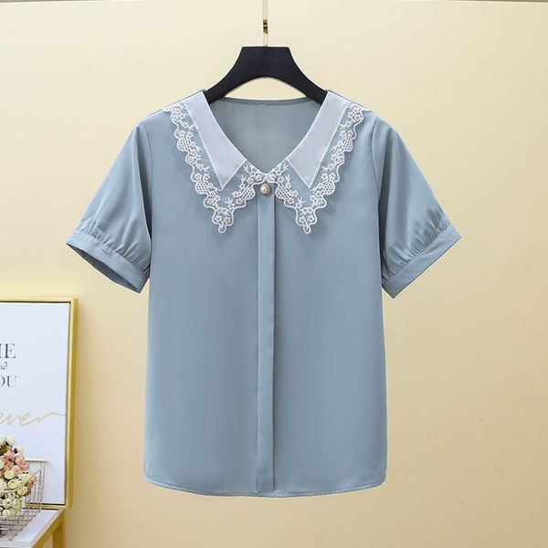 

women's blouses & shirts moyisu chiffon blouse short-sleeved 2021 summer loose doll collar korean style shirt covering belly all-match, White