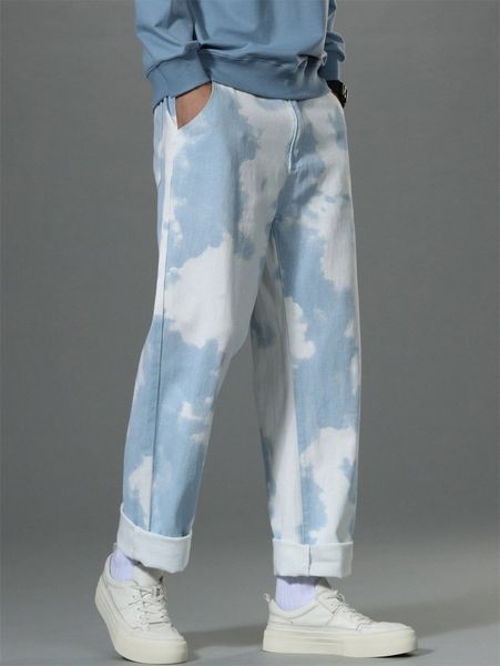 

men tie dye straight leg jeans t0oh#, Blue