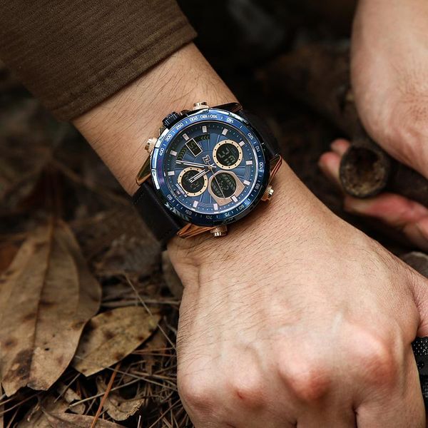 

wristwatches naviforce watch men big dial backlight led digital quartz dual clock waterproof leather date sport watches relogio masculino, Slivery;brown