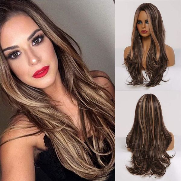

lady 27 inch long omber brown nature wavy wig synthetic wig for women daily party use nature looking heat resistant fiber wig, Black