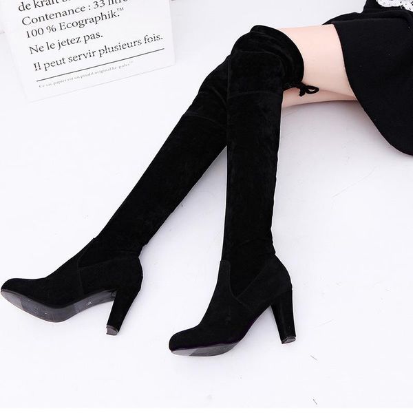 

boots 2021 fashion female winter thigh high faux suede leather heels women over the knee plus size 34-43, Black